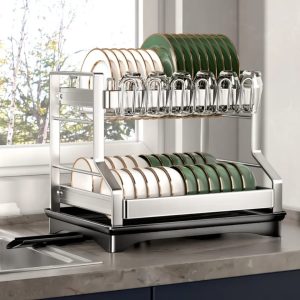 2-Tier Kitchen Dish Rack With Drain Tray