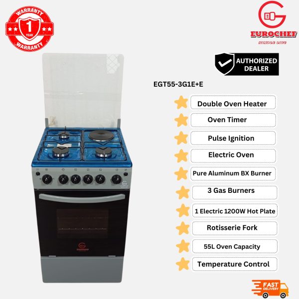 Eurochef Free Standing 3 Gas Burner +1 Electric Cooker With Electric Oven