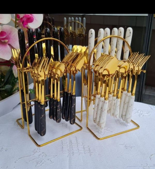 Heavy Marble Gold Cutlery Set - 24pcs - Image 3